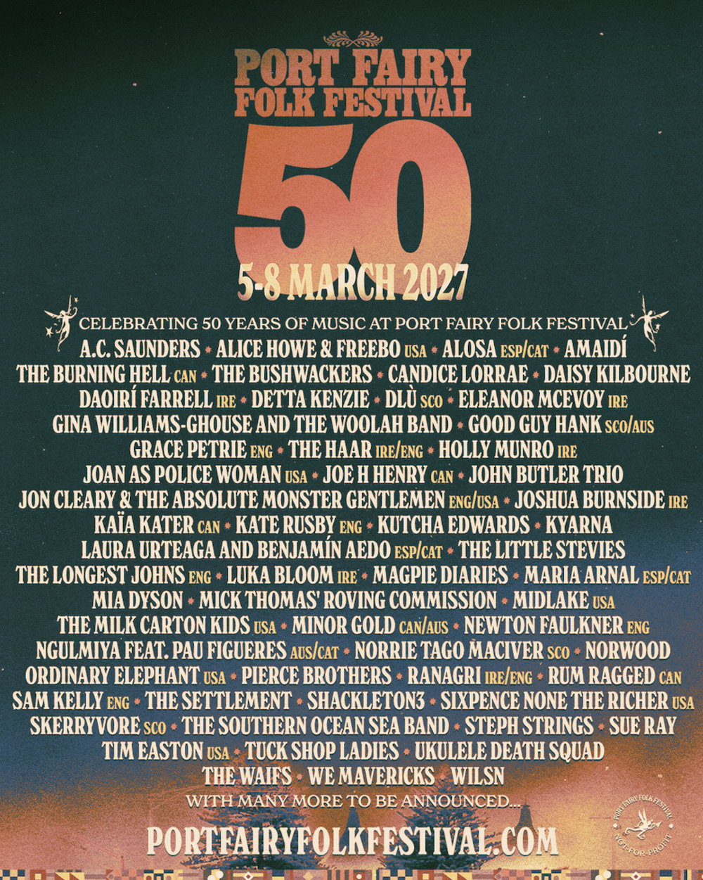 Port Fairy Folk Festival 2027 poster celebrating 50 years with artist lineup and event dates.